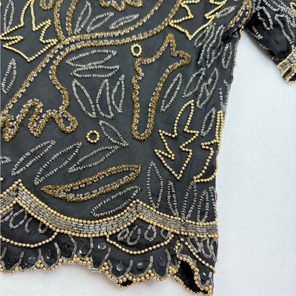 Laurence Kazar 2XL Vintage Black and Silver Silk Beaded Blouse - Picture 3 of 6